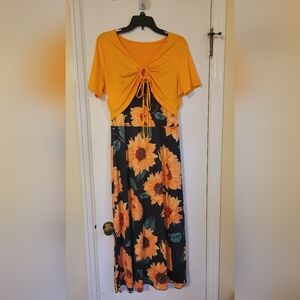 Sunflower Print Maxi Dress with Yellow Top